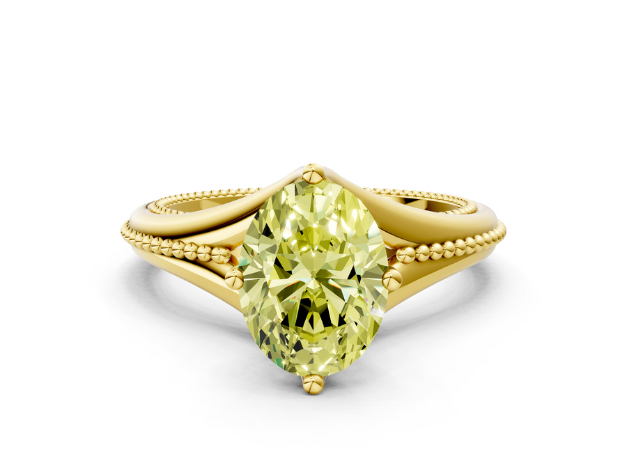 Yellow gold Fancy Yellow Oval  Solitaire Beaded Band Six-Prong Setting