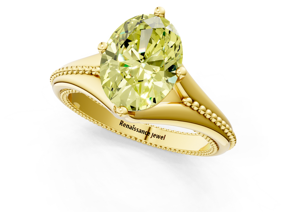 Yellow gold Fancy Yellow Oval  Solitaire Beaded Band Six-Prong Setting