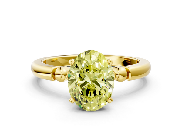 Yellow gold Fancy Yellow Oval  Solitaire Beaded Band with Four-Prong Setting
