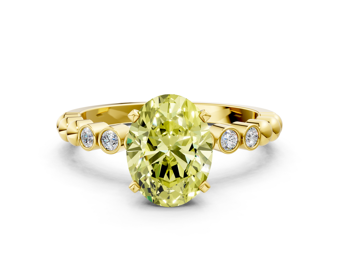 Yellow gold Fancy Yellow Oval  Solitaire Bezel Accent Diamond Engagement Ring with Beaded Band and Four-Prong Setting_24