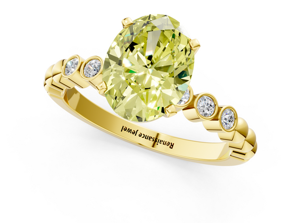 Yellow gold Fancy Yellow Oval  Solitaire Bezel Accent Diamond Engagement Ring with Beaded Band and Four-Prong Setting