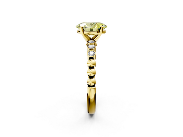 Yellow gold Fancy Yellow Oval  Solitaire Bezel Accent Diamond Engagement Ring with Beaded Band and Four-Prong Setting