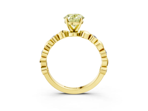 Yellow Gold Oval Engagement Ring Setting for Fancy Yellow Center with Bezel Station Beaded Band