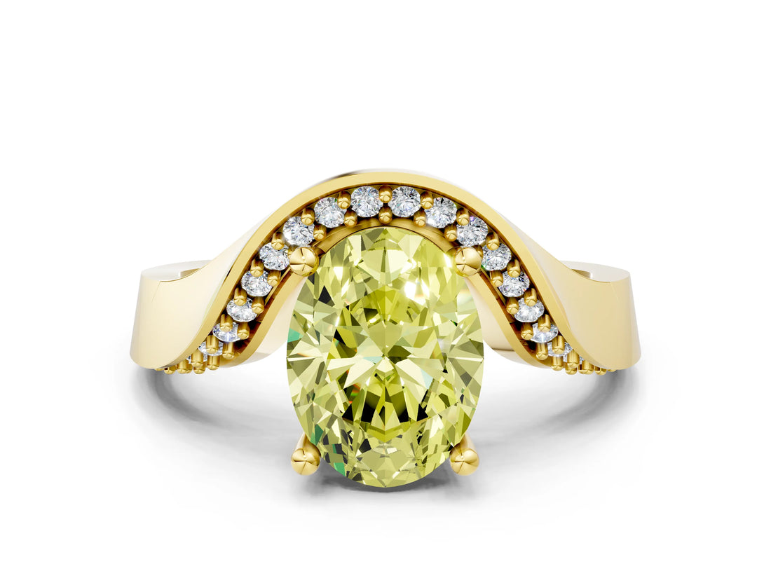 Yellow gold Fancy Yellow Oval  Solitaire Diamond Engagement Ring with Pave Band and Four-Prong Setting 1