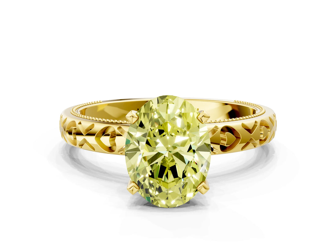 Yellow gold Fancy Yellow Oval  Solitaire Diamond Engagement Ring with XO Engraved Band and Four-Prong Setting 1