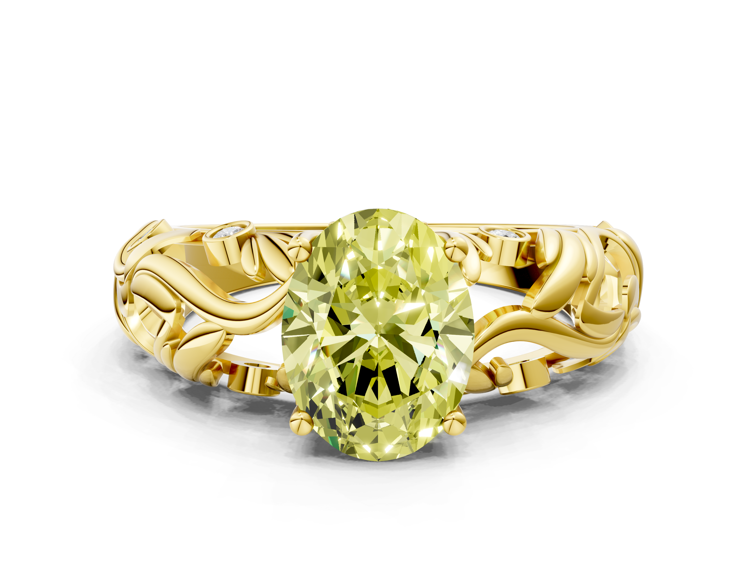 Yellow gold Fancy Yellow Oval  Solitaire Diamond Leaf Vine Band with Prong Setting_28