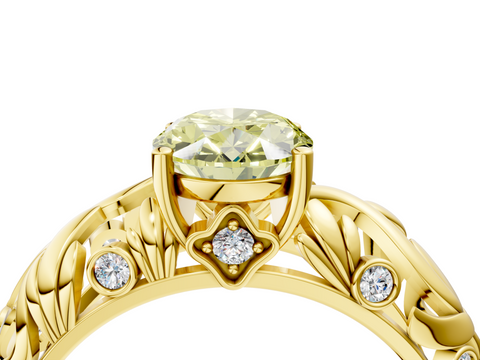 Yellow gold Fancy Yellow Oval  Solitaire Diamond Leaf Vine Band with Prong Setting_32