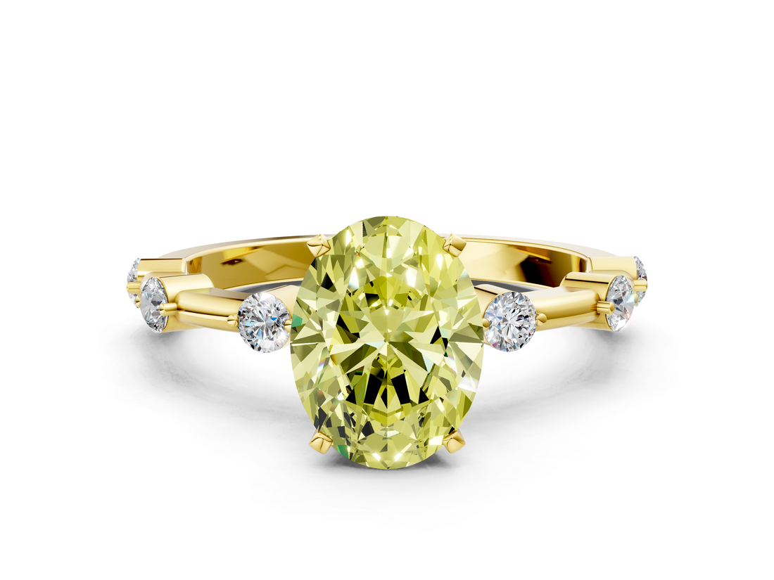 Yellow gold Fancy Yellow Oval  Solitaire Diamond Ring with Bezel Set Side Stones and Prong Setting_3