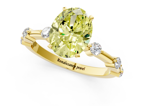 Yellow gold Fancy Yellow Oval  Solitaire Diamond Ring with Bezel Set Side Stones and Prong Setting