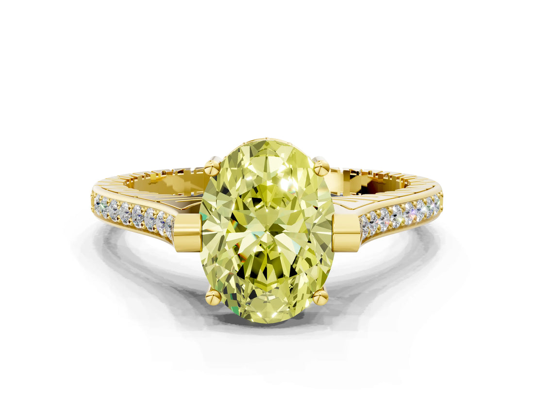 Yellow gold Fancy Yellow Oval  Solitaire Diamond Ring with Channel Set Band and Bezel Prong Setting_56