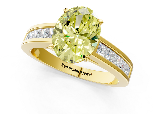 Yellow gold Fancy Yellow Oval  Solitaire Diamond Ring with Channel-Set Band and Four-Prong Setting