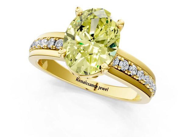 Yellow gold Fancy Yellow Oval  Solitaire Diamond Ring with Channel Set Band and Six-Prong Setting