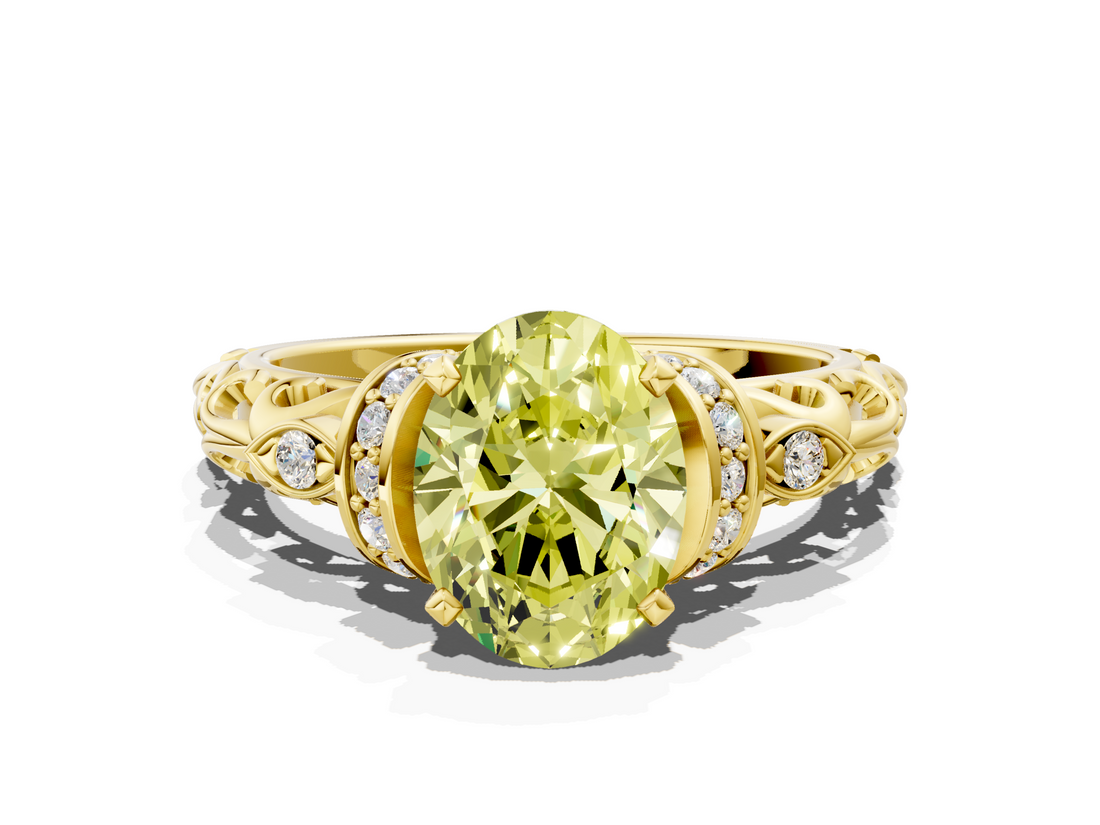 Yellow gold Fancy Yellow Oval  Solitaire Diamond Ring with Filigree Band and Four-Prong Setting_45