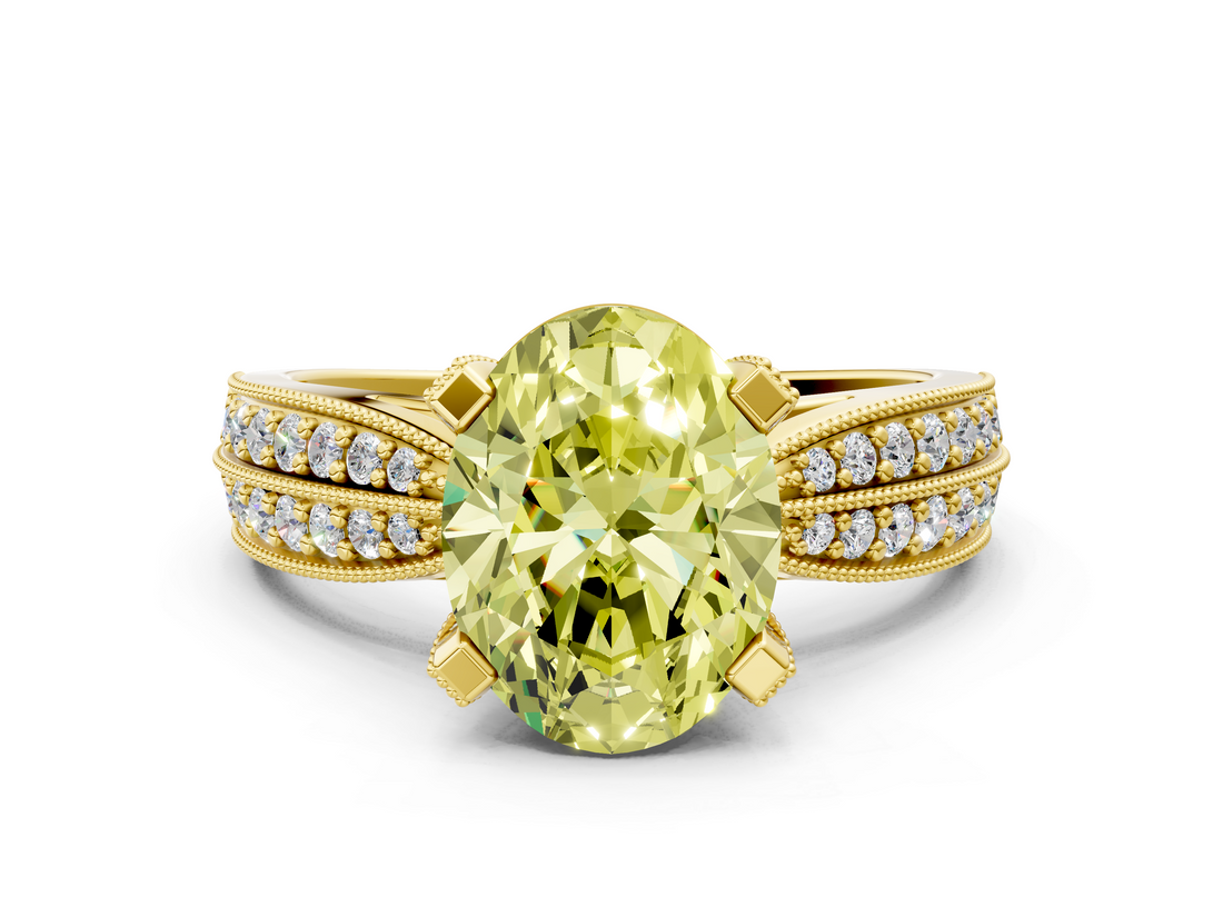 Yellow gold Fancy Yellow Oval  Solitaire Diamond Ring with Milgrain Pavé Band and Four-Prong Setting_20