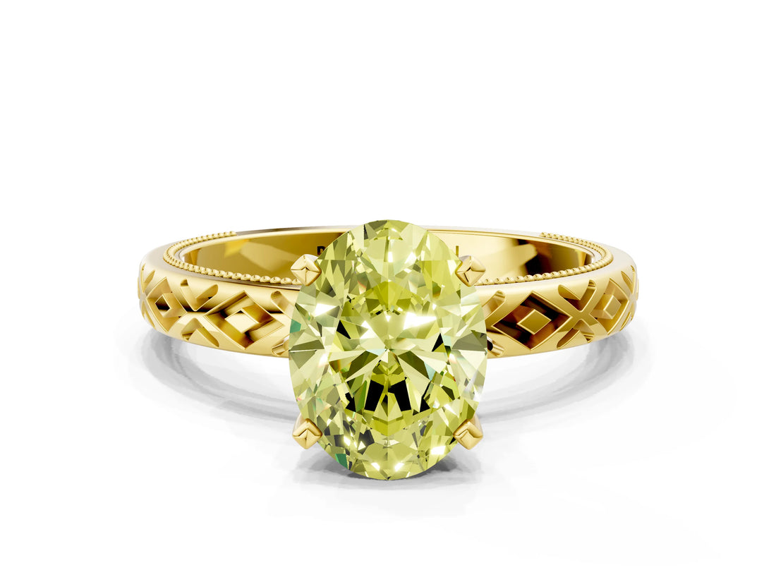 Yellow gold Fancy Yellow Oval  Solitaire Diamond Ring with Milgrain and Black Enamel X Pattern Band_186