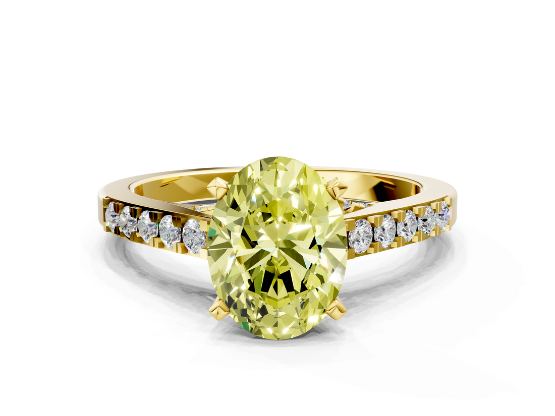 Yellow gold Fancy Yellow Oval  Solitaire Diamond Ring with Pavé Band and Four-Prong Setting_81
