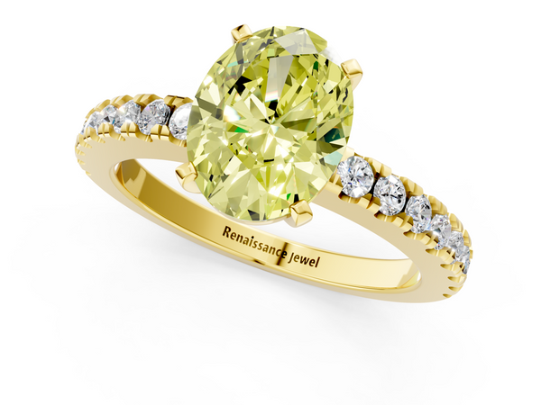 Yellow gold Fancy Yellow Oval  Solitaire Diamond with Pavé Band and Four-Prong Setting
