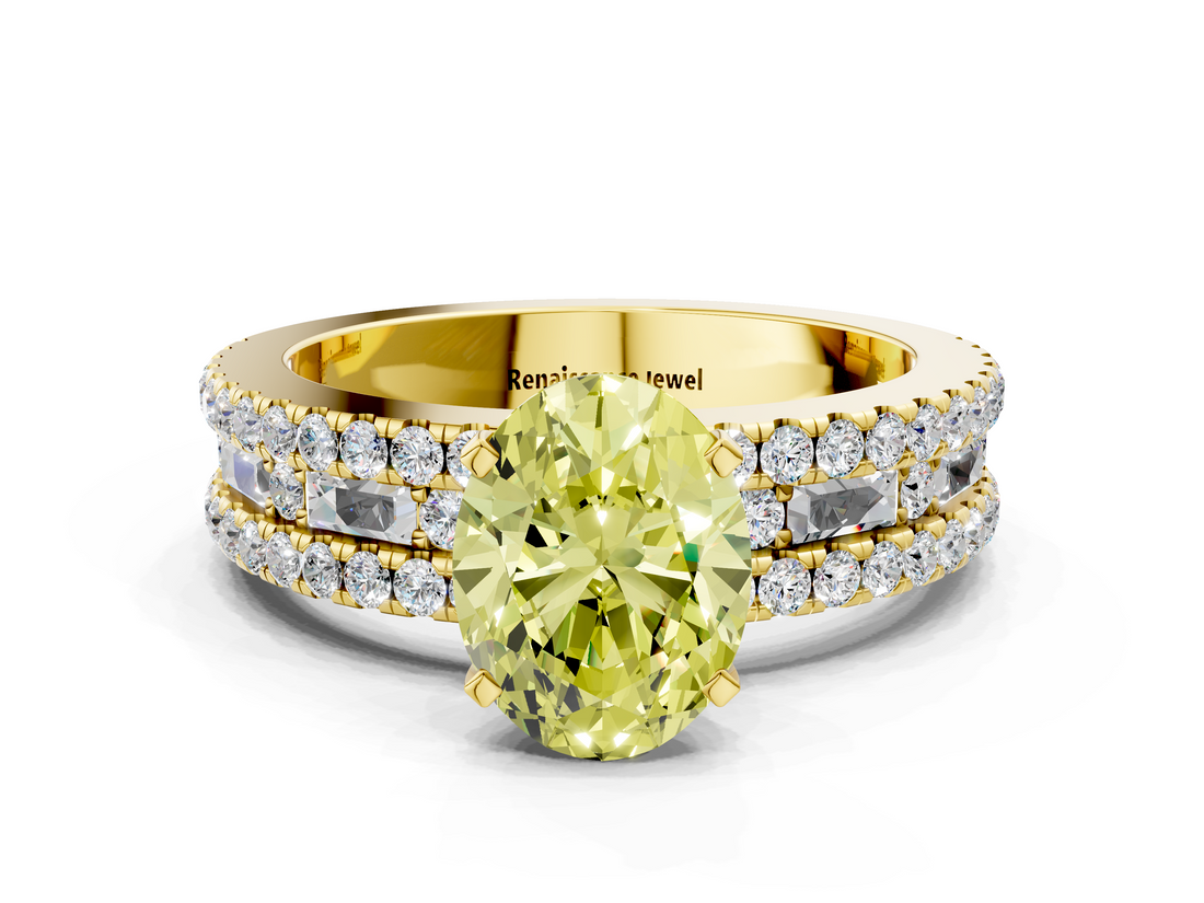 Yellow gold Fancy Yellow Oval  Solitaire Diamond with Pave and Channel Set Band_86