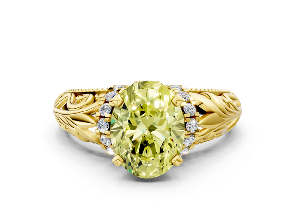 Yellow gold Fancy Yellow Oval  Solitaire Filigree Engagement Ring with Halo and Prong Setting