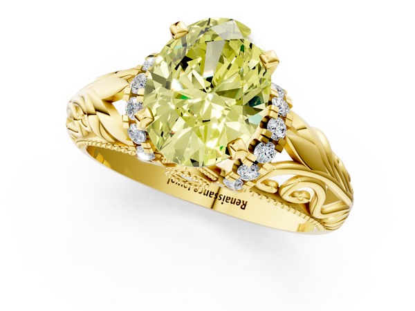 Yellow gold Fancy Yellow Oval  Solitaire Filigree Engagement Ring with Halo and Prong Setting