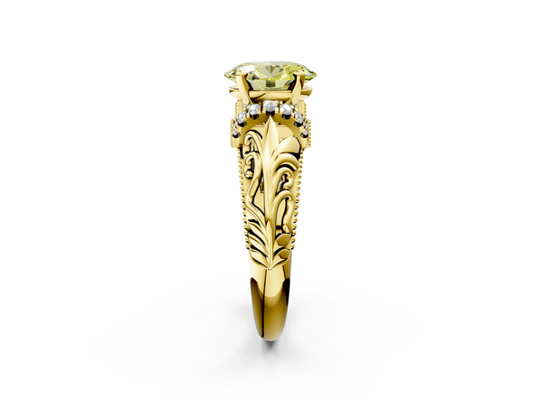 Yellow gold Fancy Yellow Oval  Solitaire Filigree Engagement Ring with Halo and Prong Setting