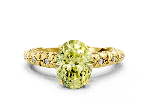 Yellow gold Fancy Yellow Oval  Solitaire Floral Milgrain Engagement Ring