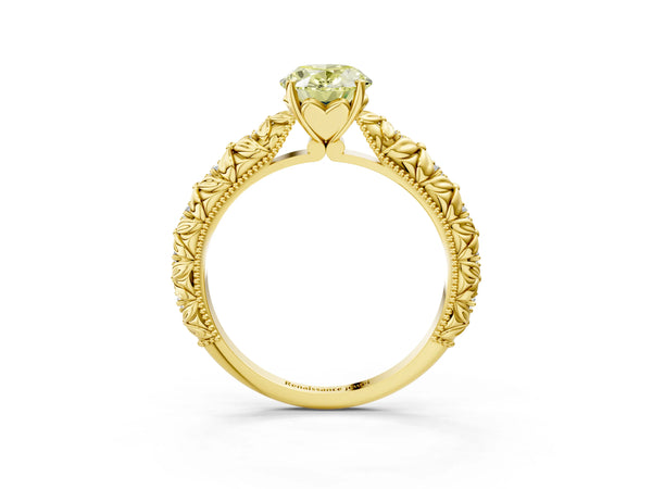 Yellow gold Fancy Yellow Oval  Solitaire Floral Milgrain Engagement Ring