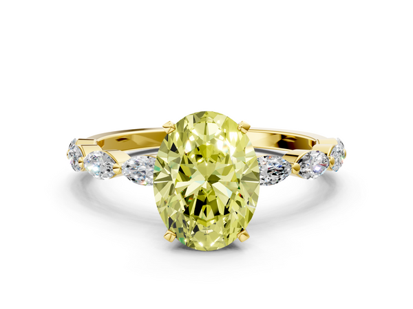 Yellow gold Fancy Yellow Oval Cut Diamond Ring with Marquise Side Stones and Prong Setting