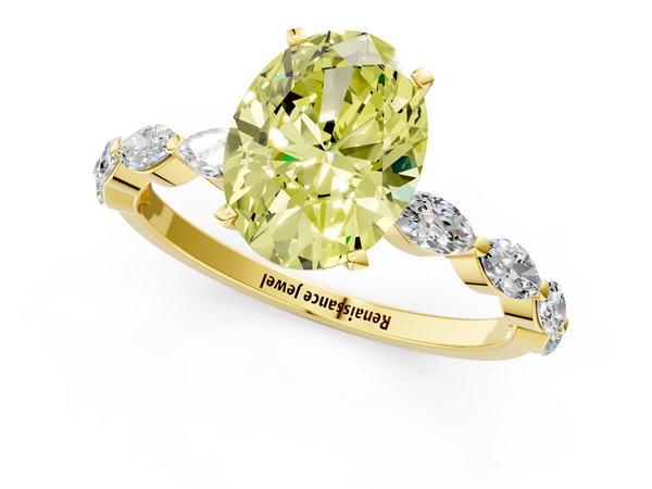 Yellow gold Fancy Yellow Oval Cut Diamond Ring with Marquise Side Stones and Prong Setting