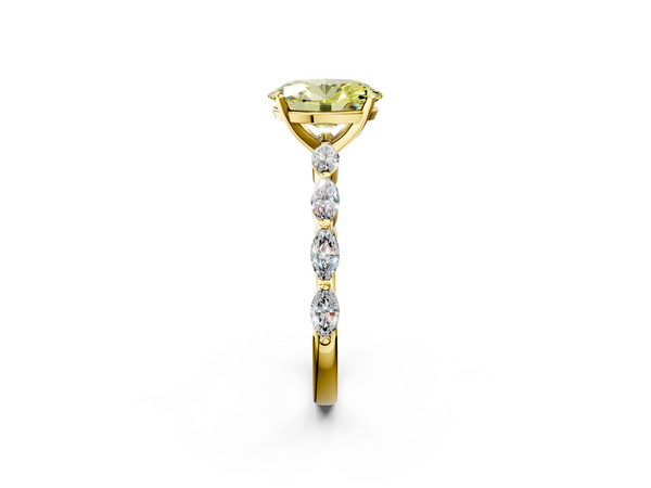 Yellow gold Fancy Yellow Oval Cut Diamond Ring with Marquise Side Stones and Prong Setting