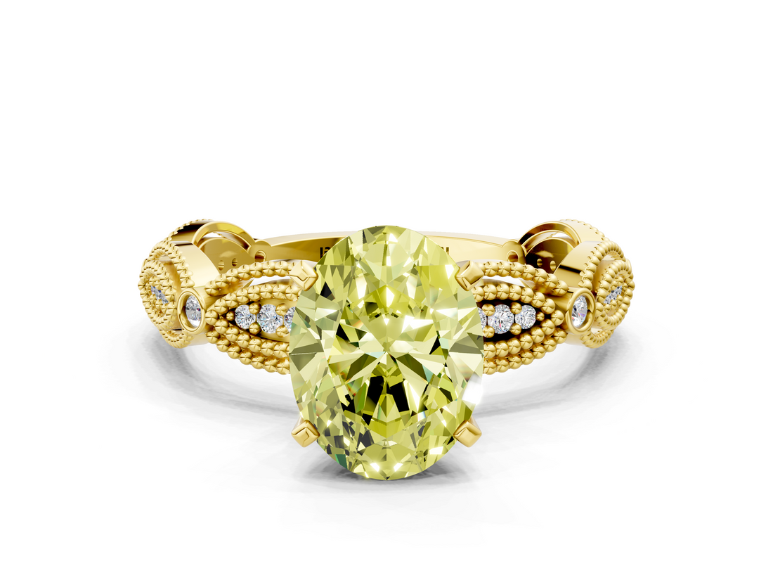Yellow gold Fancy Yellow Oval  Solitaire Milgrain Diamond Engagement Ring with Bezel and Marquise Band_158