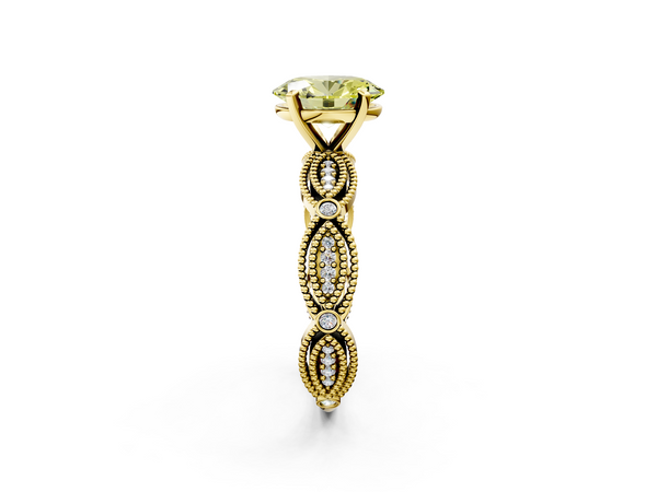 Yellow gold Fancy Yellow Oval  Solitaire Milgrain Diamond Engagement Ring with Bezel and Marquise Band