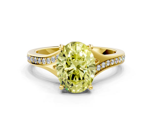 Yellow gold Fancy Yellow Oval Cut Diamond Solitaire Ring with Pavé Band and Prong Setting