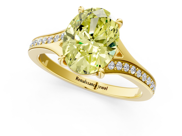 Yellow gold Fancy Yellow Oval Cut Diamond Solitaire Ring with Pavé Band and Prong Setting