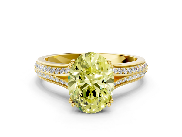 Yellow gold Fancy Yellow Oval Cut Diamond Split Shank Engagement Ring with Pavé Band