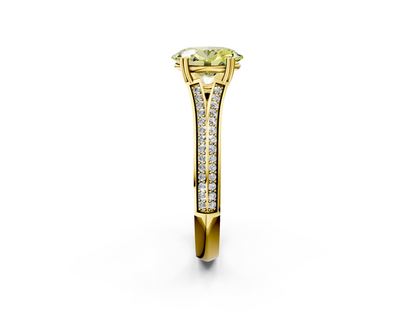 Yellow gold Fancy Yellow Oval Cut Diamond Split Shank Engagement Ring with Pavé Band