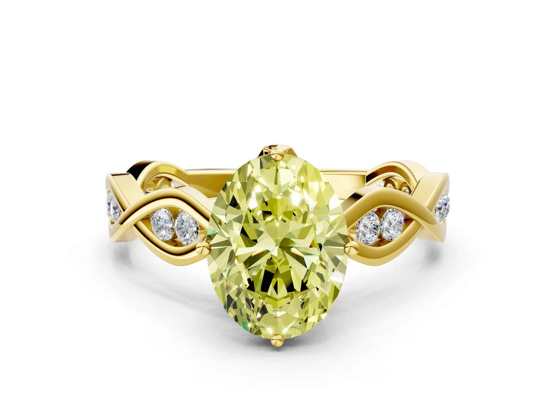 Yellow gold Fancy Yellow Oval  Solitaire Twist Band with Leaf Prong Setting 1