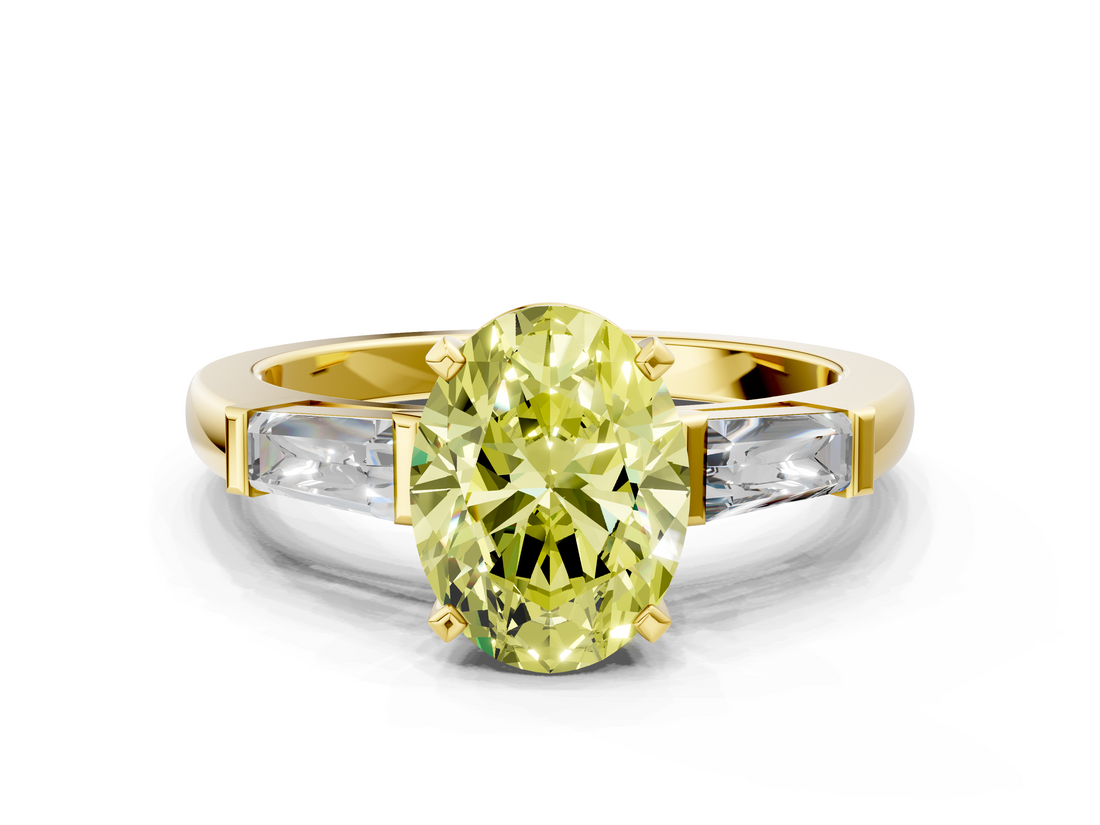 Yellow gold Fancy Yellow Oval  Solitaire with Tapered Baguette Side Stones on a Classic Band with Four-Prong Setting_107