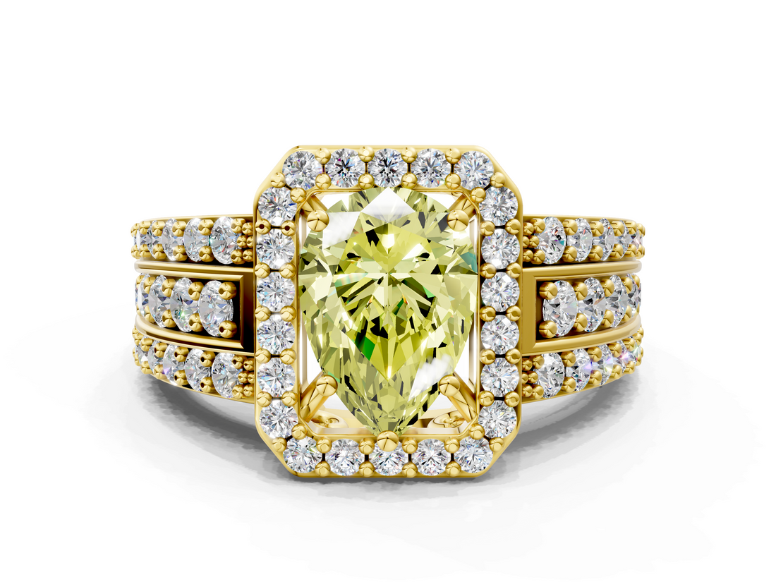 Yellow gold Fancy Yellow Pear -Cut Halo Diamond Ring with Split Shank and Four-Prong Setting_86