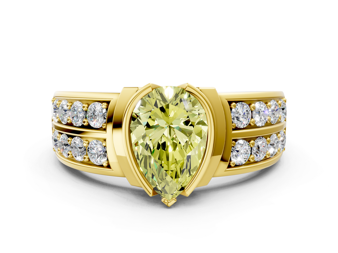 Yellow gold Fancy Yellow Pear  Brilliant Diamond Channel Set Wide Band Ring with Bezel Setting_56