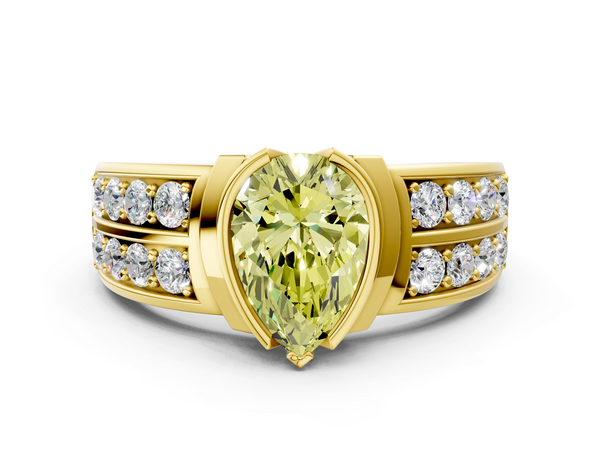 Yellow gold Fancy Yellow Pear  Brilliant Diamond Channel Set Wide Band Ring with Bezel Setting
