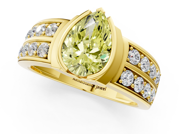 Yellow gold Fancy Yellow Pear  Brilliant Diamond Channel Set Wide Band Ring with Bezel Setting