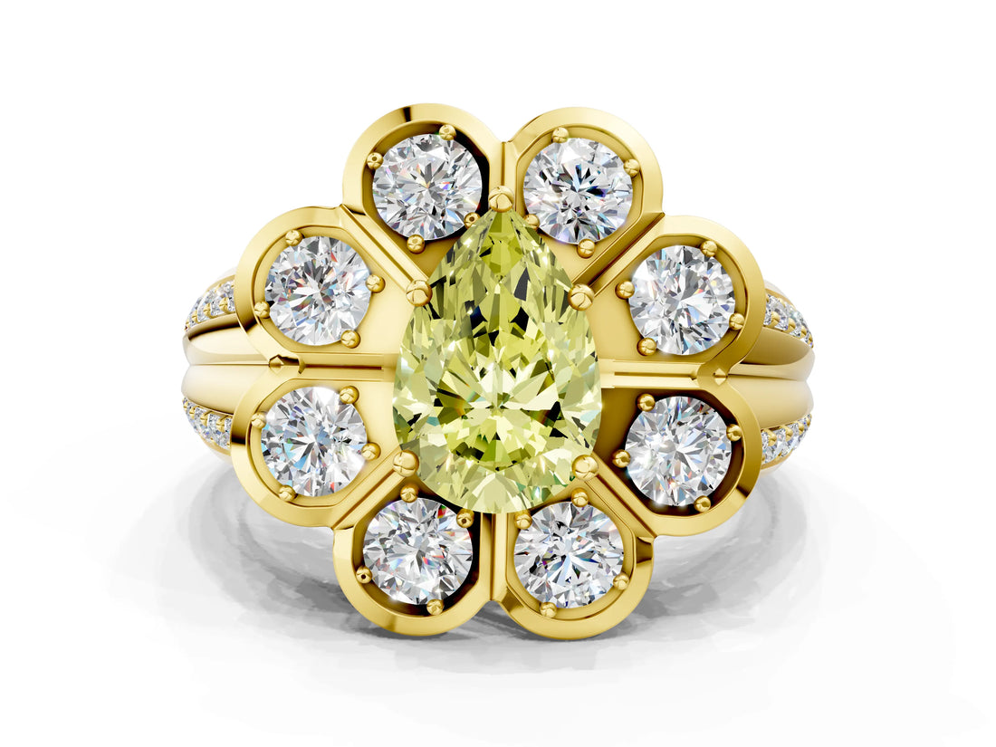 Yellow gold Fancy Yellow Pear  Brilliant Flower Halo Diamond Split Shank Ring_32