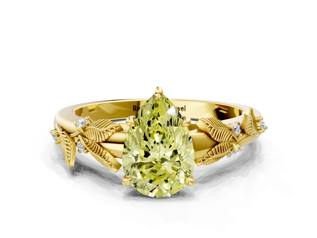 Yellow gold Fancy Yellow Pear  Brilliant Solitaire with Leaf Motif Band and Four-Prong Setting_62