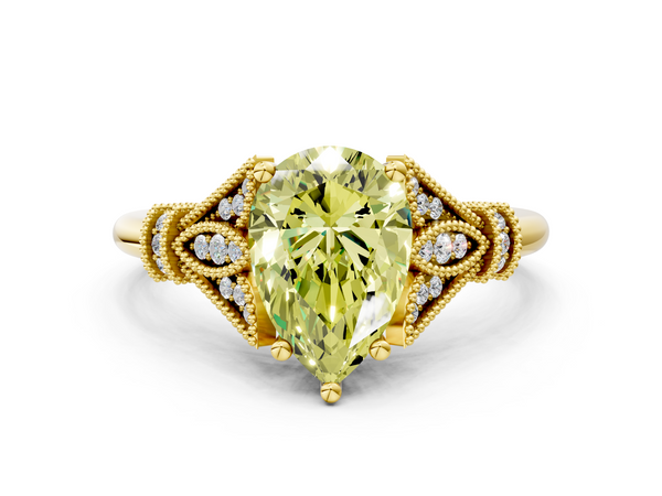 Yellow gold Fancy Yellow Pear  Diamond Solitaire Ring with Floral Filigree and Pave Accents