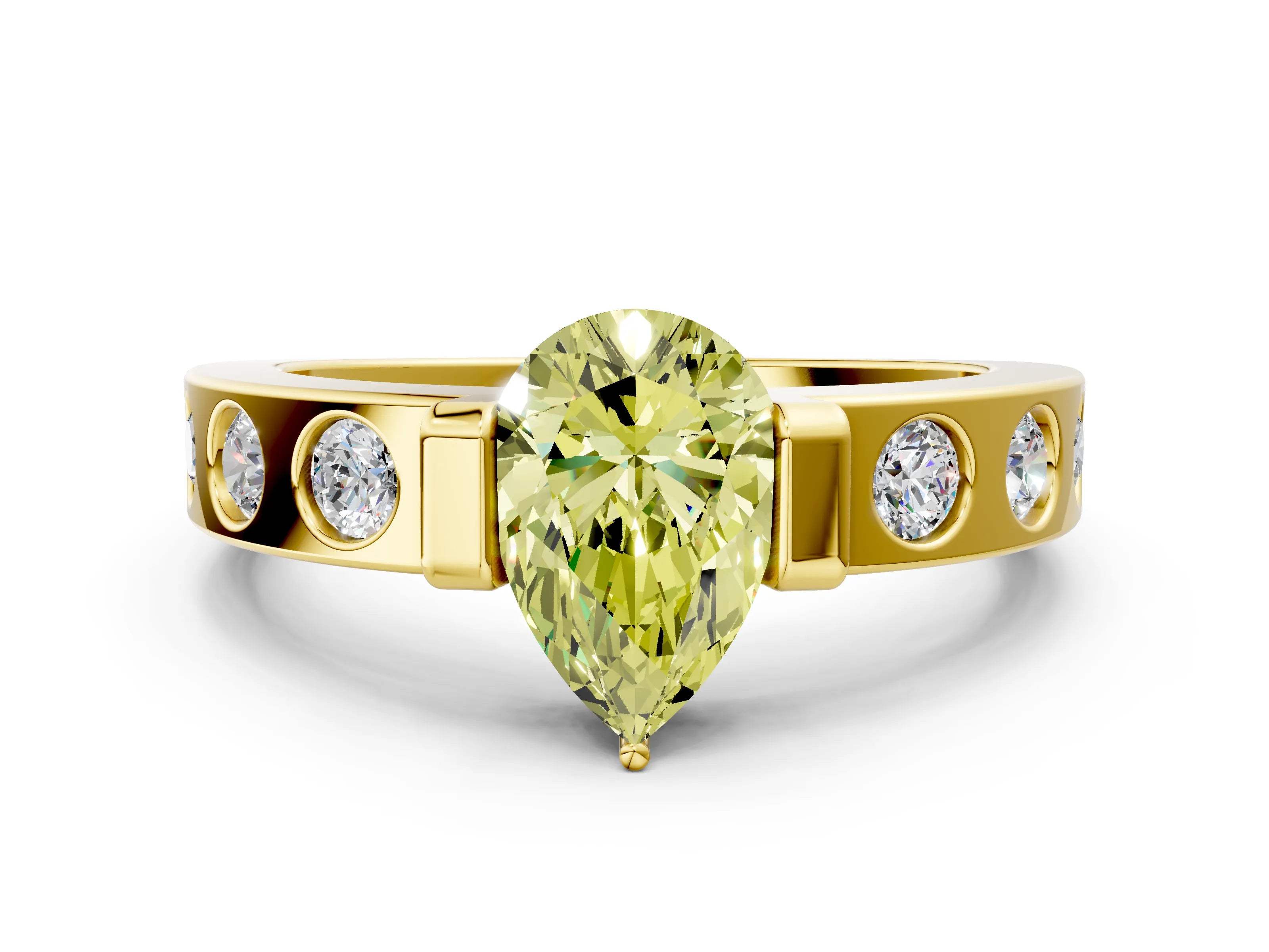 Yellow gold Fancy Yellow Pear Cut Brilliant Channel-Set Diamond Ring with Bezel Prong Setting