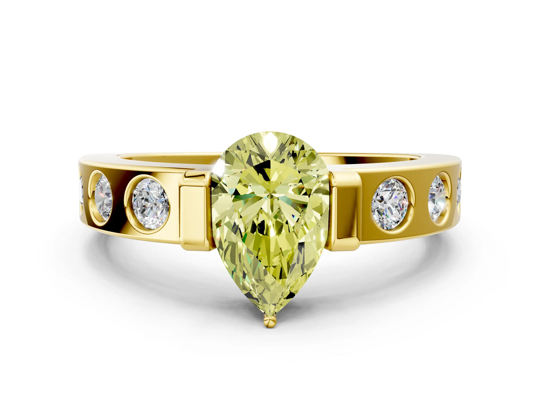 Yellow gold Fancy Yellow Pear Cut Brilliant Channel-Set Diamond Ring with Bezel Prong Setting