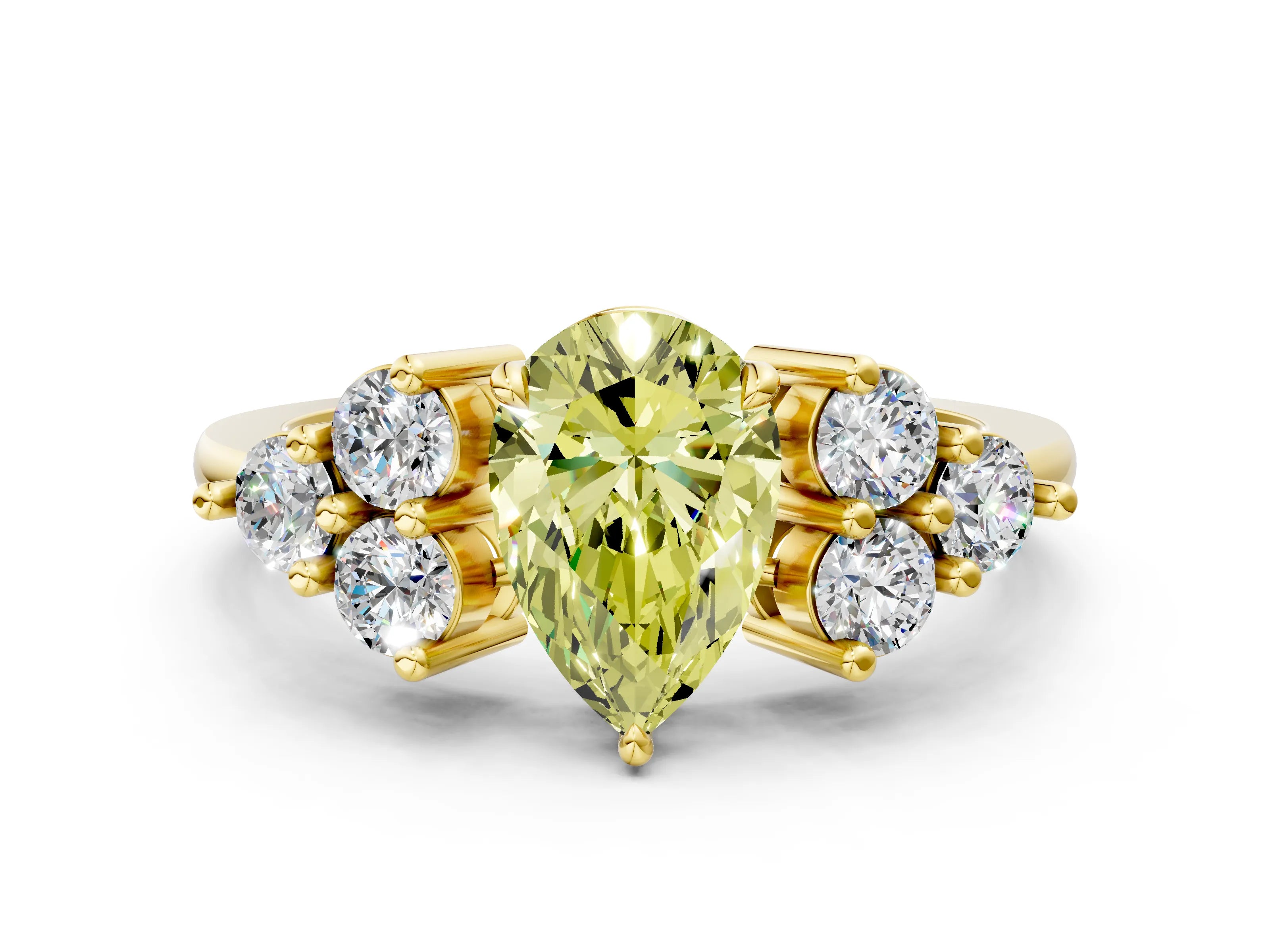 Yellow gold Fancy Yellow Pear Cut Brilliant Diamond Cluster Accent Solitaire Ring with Prong Setting