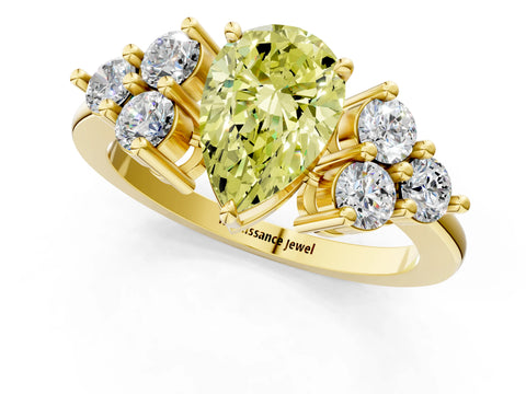 Yellow gold Fancy Yellow Pear Cut Brilliant Diamond Cluster Accent Solitaire Ring with Prong Setting_1