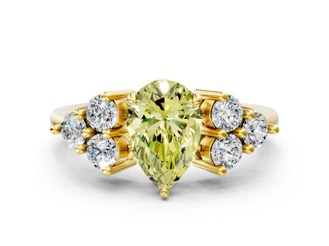 Yellow gold Fancy Yellow Pear Cut Brilliant Diamond Cluster Accent Solitaire Ring with Prong Setting